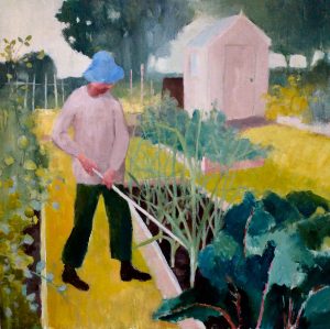 Hoeing Leeks. Landscape Figurative Paintings by Jane Brayne. Oil on board.