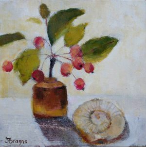 Crab Apples & Ammonite from the Garden. Interiors Still Life Paintings by Jane Brayne. Oil on lime wood panel.