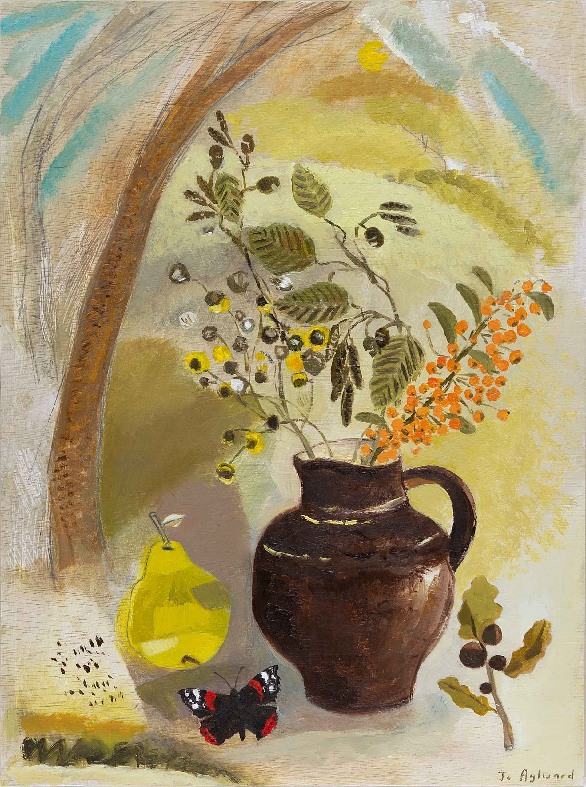 Late Red Admiral in the Garden. Still Life Floral Paintings by Jo Aylward. Oil on panel.