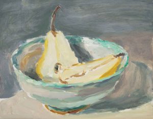 Pear Halves in Afternoon Light. Still Life Interiors Paintings by Lynne Cartlidge. Oil on board.