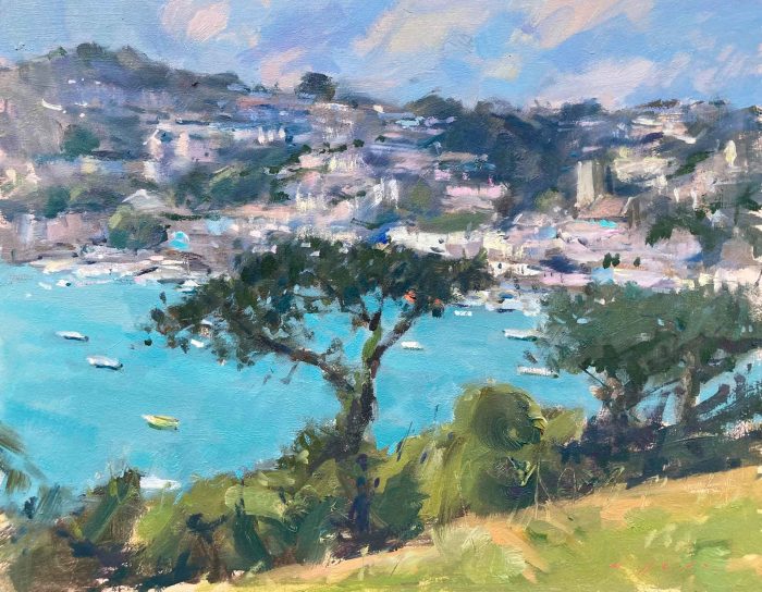 Through the Pines. Seascape Devon Paintings by Maria Rose. Oil on board.