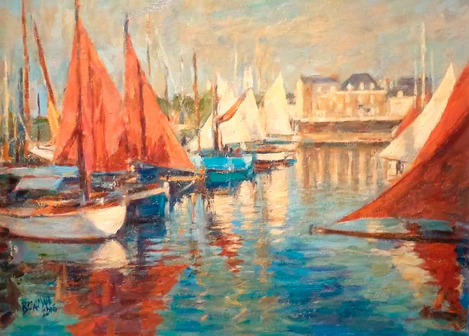 Les Gréements, Paimpol. European  Paintings by Michael Bowman. Oil on board.