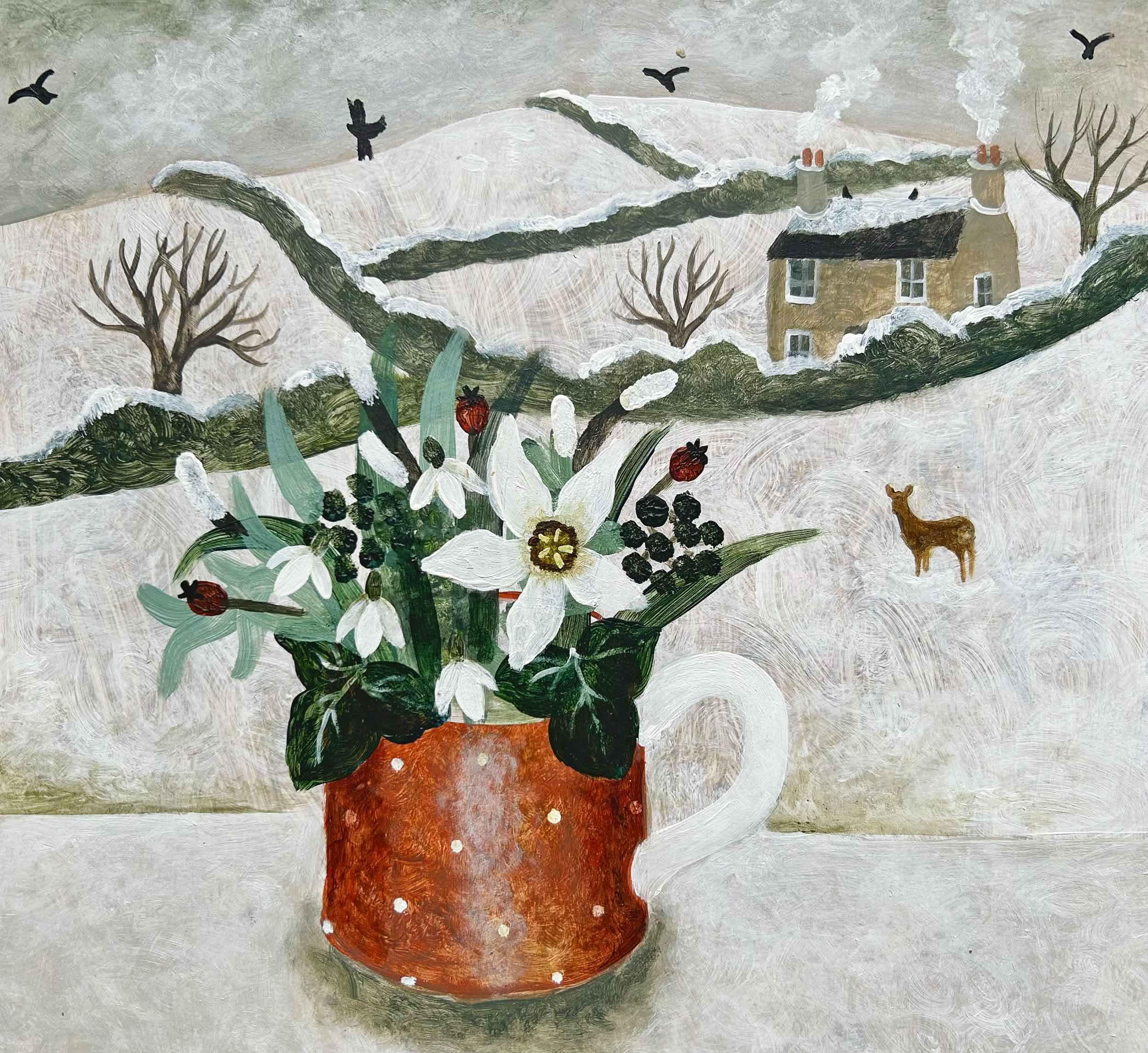 Little Red Cup. Floral Dartmoor Paintings by Sarah Bowman. Oil on board.