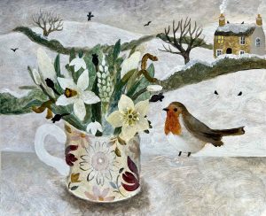 Robin & Charleston Cup. Birds & Animals Landscape Paintings by Sarah Bowman. Oil on board.