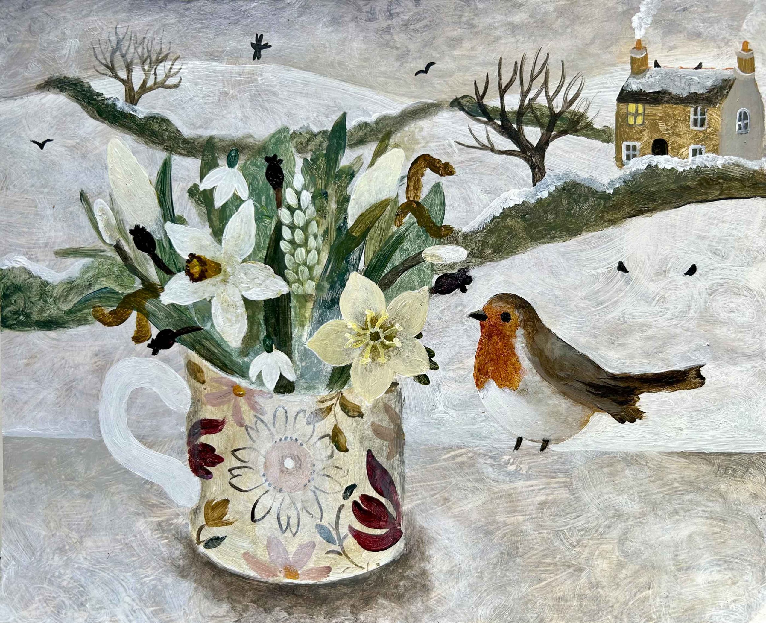 Robin & Charleston Cup. Birds & Animals Landscape Paintings by Sarah Bowman. Oil on board.