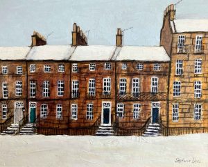 New Town, Winter.   Paintings by Stephanie Dees. Mixed media on paper.