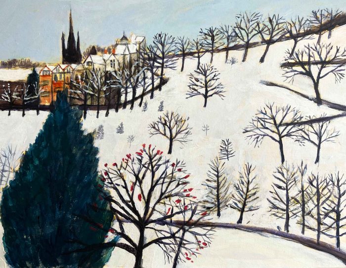 New Town, Winter.   Paintings by Stephanie Dees. Mixed media on paper.