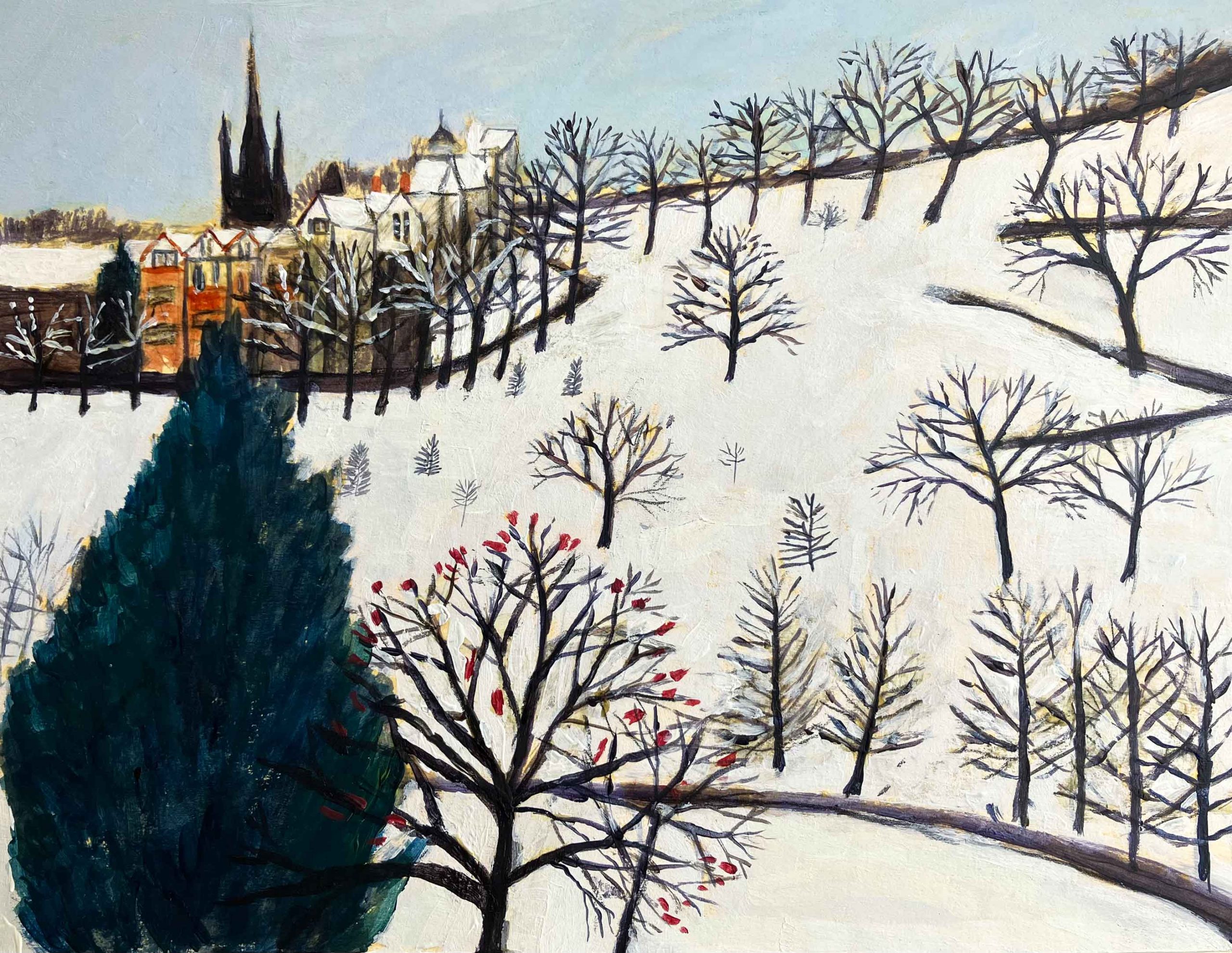 New Town, Winter.   Paintings by Stephanie Dees. Mixed media on paper.