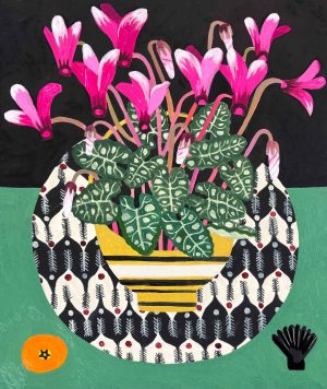 Pink Cyclamen in Yellow Striped Pot. Still Life Floral Paintings by Vanessa Bowman. Oil on card.