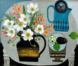 White Anemones & Coffee Pot. Interiors Still Life Paintings by Vanessa Bowman. Oil on card.
