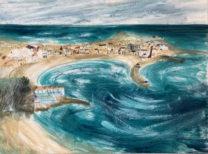 Walking Towards St Ives from Carbis Bay. Cornwall Seascape Paintings by Jane Askey. Oil on paper.