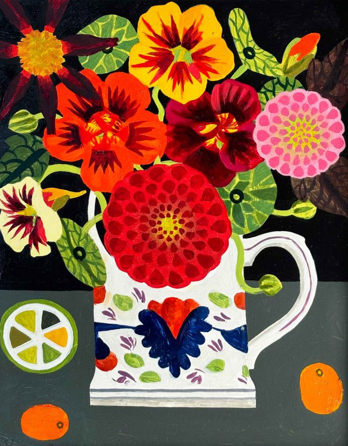 Dahlias in Antique Cup. Still Life Floral Paintings by Vanessa Bowman. Oil on card.