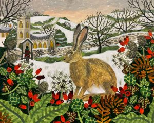 Winter Hare. Birds & Animals Landscape Paintings by Vanessa Bowman. Oil on card.