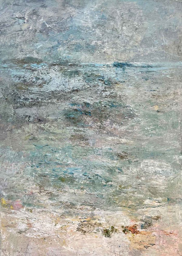 Evening Walk on the Beach. Cornwall Seascape Paintings by Ellen Watson. Mixed media on canvas.