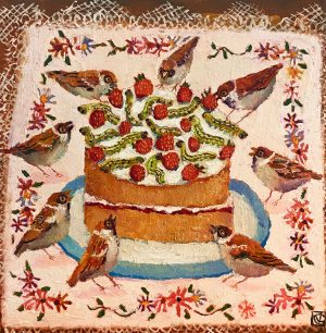 Caterpillar Cake. Birds & Animals Interiors Paintings by Vanessa Cooper. Oil on board.