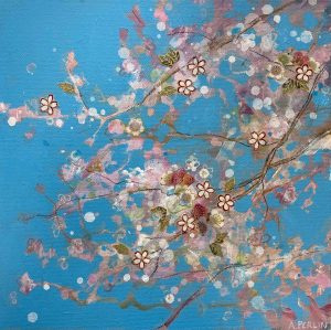 Blossom on a Blue Sky. Floral  Paintings by Anna Perlin. Mixed media on canvas.