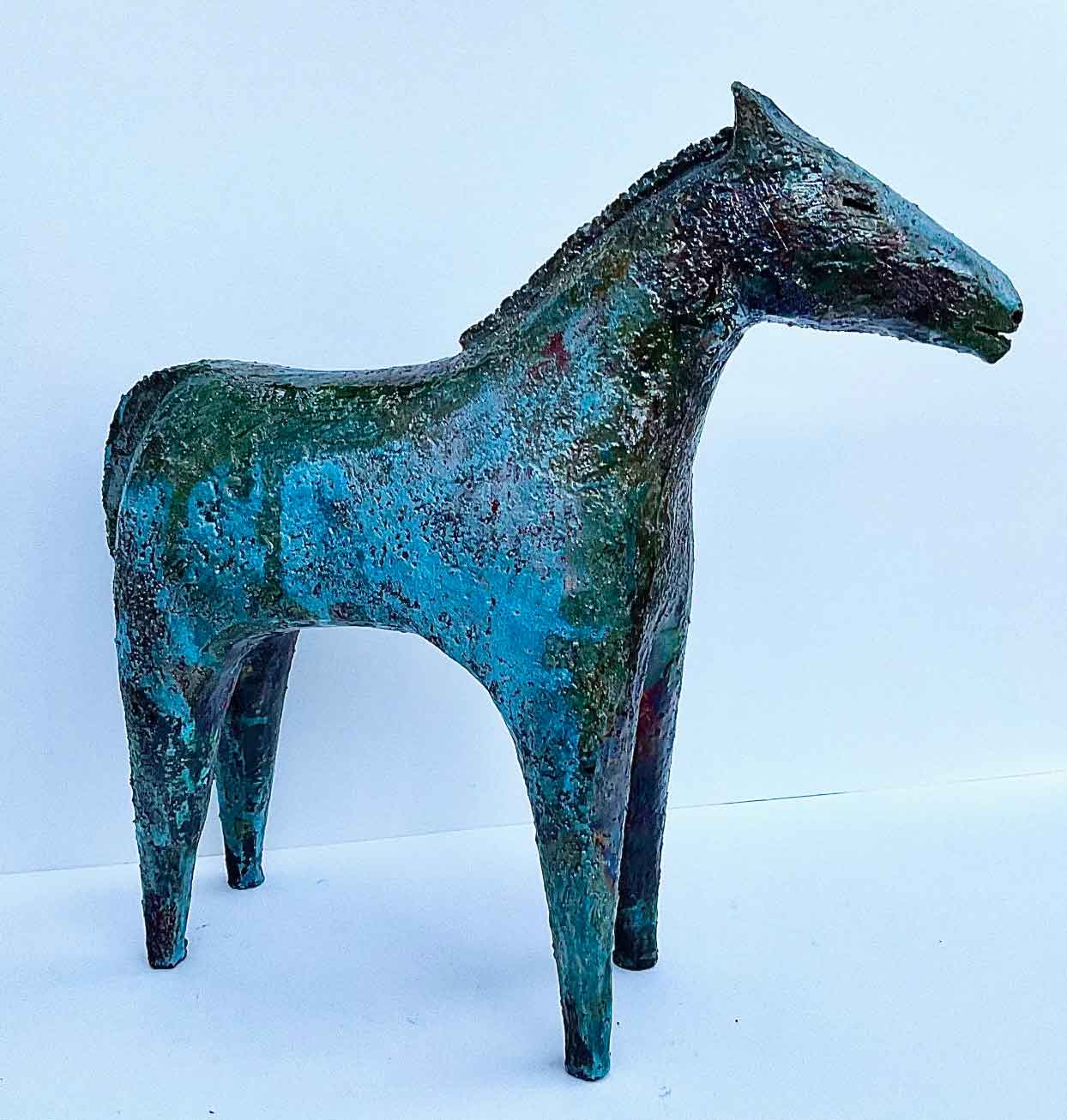 Blue Horse. Birds & Animals  Ceramics by Henrietta Corbett. Raku ceramic.