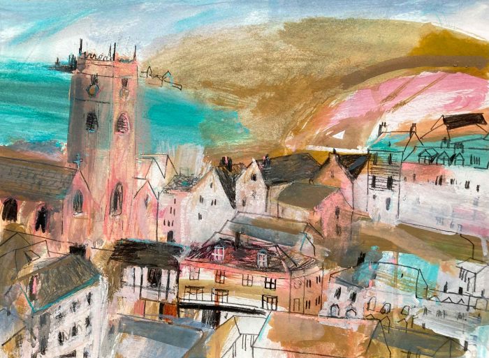 Dartmouth Looking West. Devon Landscape Paintings by Jane Askey. Mixed media on paper.