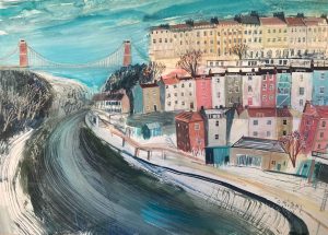 Clifton Suspension Bridge, Early Spring Walk. Landscape  Paintings by Jane Askey. Mixed media on paper.