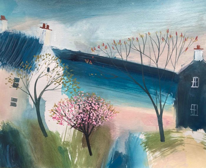 Blossom & Indigo Sea. Landscape Seascape Paintings by Jane Askey. Acrylic & marble dust.