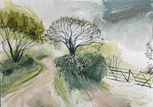 Early Morning Walk (unframed). Landscape  Paintings by Jane Askey. Gouache on paper.