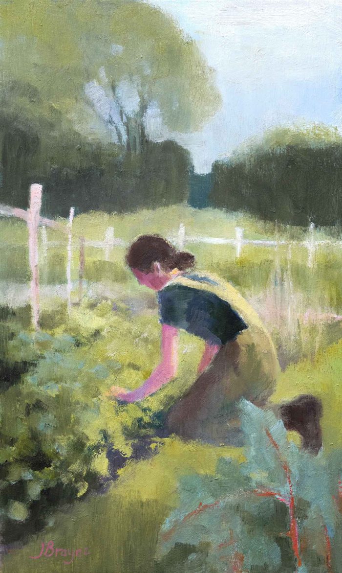 Vegetable Plot. Landscape Figurative Paintings by Jane Brayne. Oil on panel.