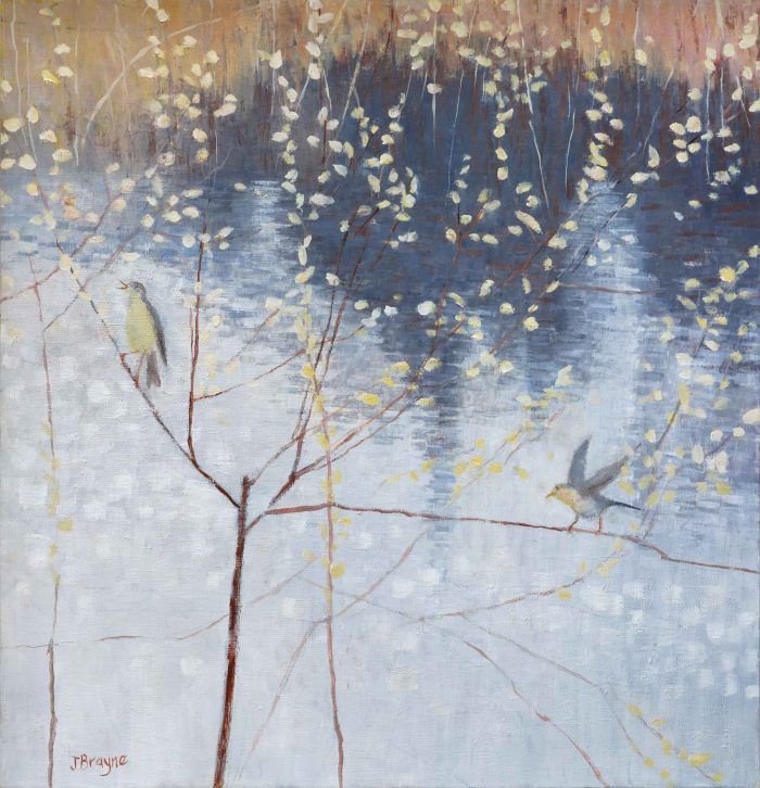 Willow Warblers, Chesil Beach. Seascape Birds & Animals Paintings by Jane Brayne. Oil on panel.