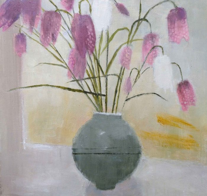 Fritillaries in the Little Moon Jar. Still Life Floral Paintings by Jane Brayne. Oil on panel.
