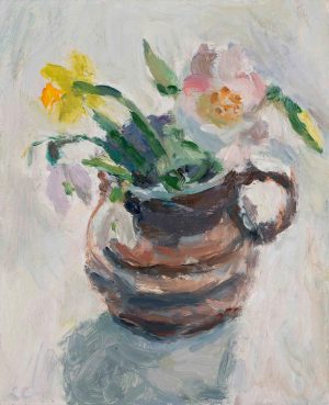 Camellia, Snowdrops & Narcissi. Still Life Floral Paintings by Lynne Cartlidge. Oil on board.