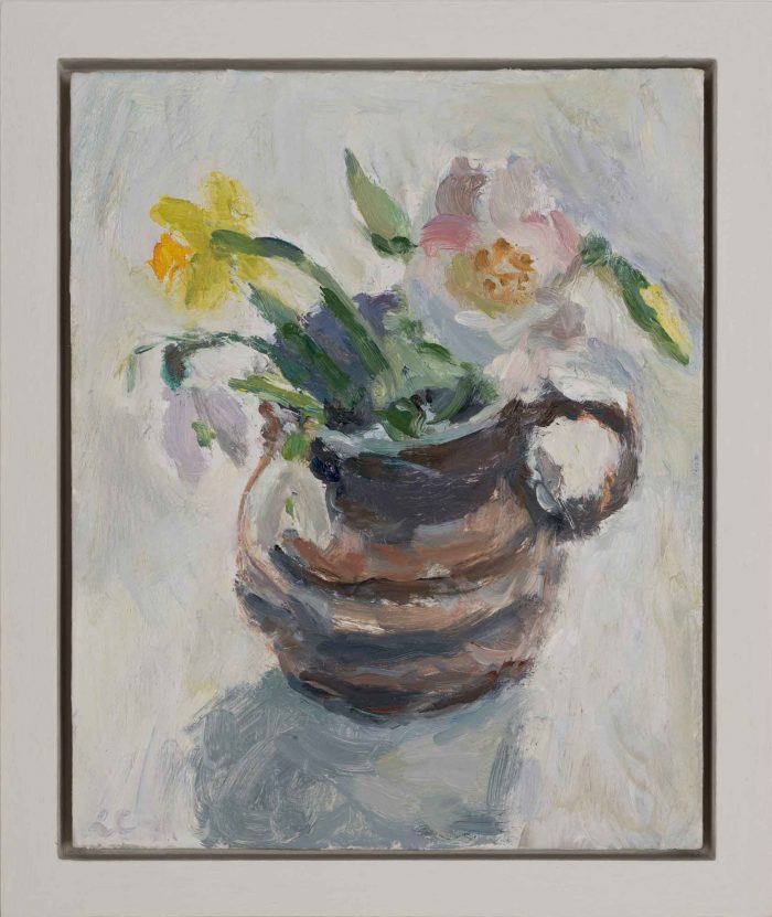 Camellia, Snowdrops & Narcissi. Still Life Floral Paintings by Lynne Cartlidge. Oil on board.