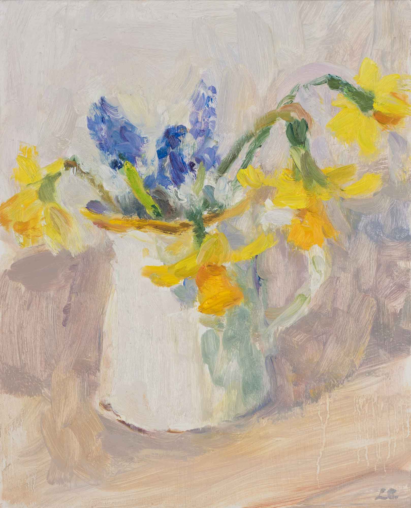 Hyacinths & Narcissi in a White Jug. Still Life Floral Paintings by Lynne Cartlidge. Oil on board.