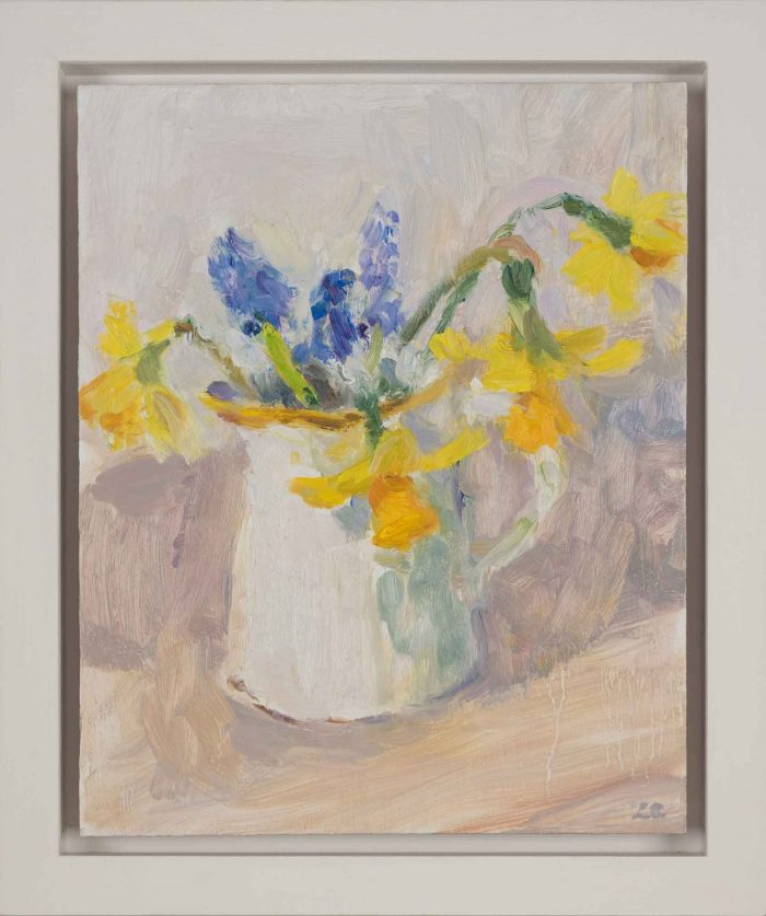 Hyacinths & Narcissi in a White Jug. Still Life Floral Paintings by Lynne Cartlidge. Oil on board.