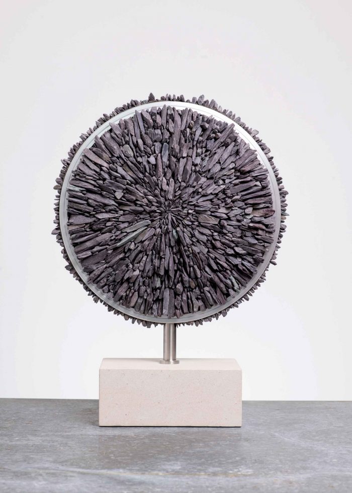 Slate Resonance. Abstract  Sculpture by Sue Jones. Slate, alloy & Portland stone.