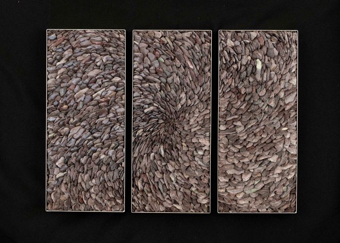 Slate Triptych. Abstract  Sculpture by Sue Jones. Slate & Stainless steel.