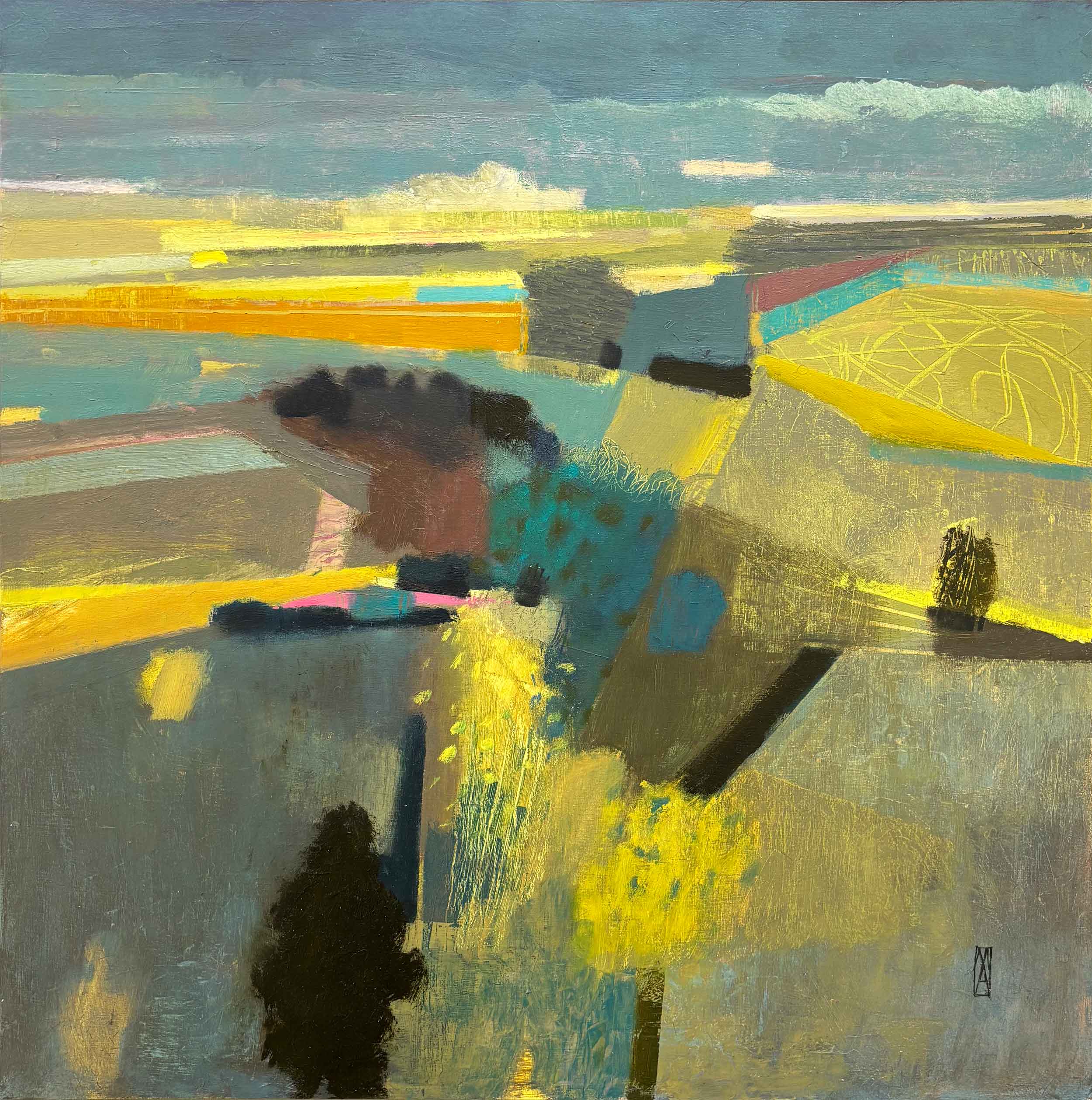 Yellow Field. Landscape  Paintings by Malcolm Ashman. Oil on panel.