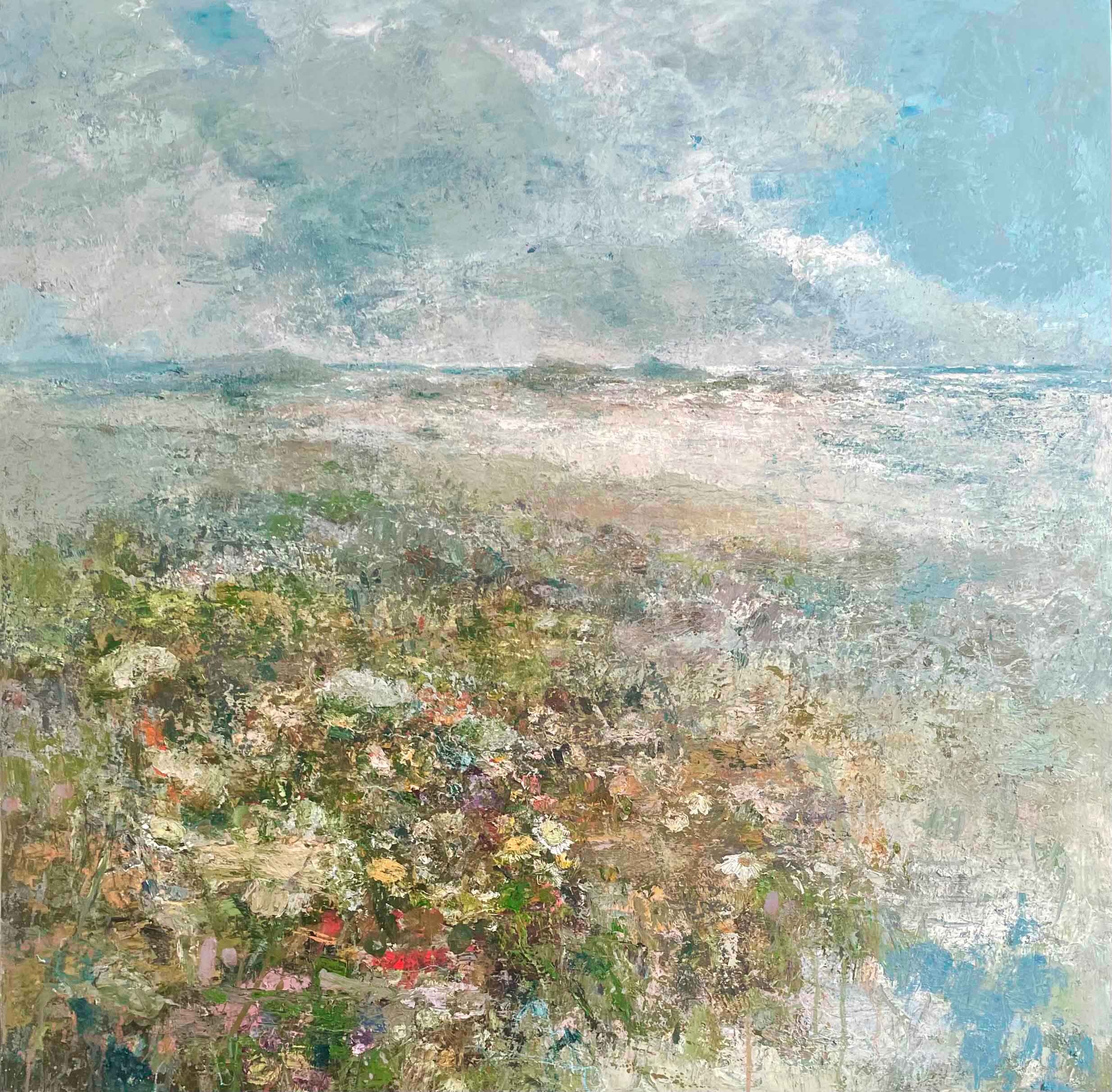 Beach Walk. Landscape Seascape Paintings by Ellen Watson. Mixed media on canvas.