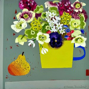 Homegrown Dahlias in the Cornish Jug. Still Life Floral Paintings by Emma Dunbar. Acrylic on board.