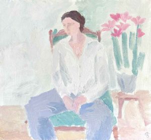 Seated Figure with Lilies. Floral Interiors Paintings by Gabriella Bailey. Oil on board.