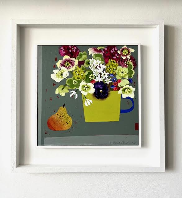 Hellebore, Hyacinth, Purple Pansy & A Pear. Still Life Floral Paintings by Emma Dunbar. Acrylic on board.