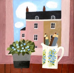 Forget Me Nots on the Window Sill. Cornwall Still Life Paintings by Uncategorised. Acrylic on board.