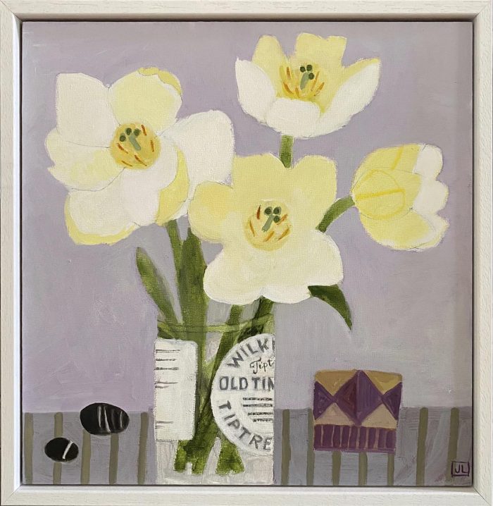 Tulips in a Marmalade Jar. Still Life Floral Paintings by Uncategorised. Acrylic on board.