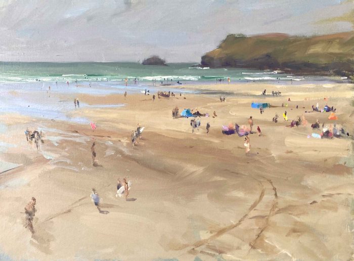 Down the Beach, Polzeath. Cornwall Landscape Paintings by Maria Rose. Oil on board.