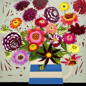 Homegrown Dahlias in the Cornish Jug. Still Life Floral Paintings by Emma Dunbar. Acrylic on board.