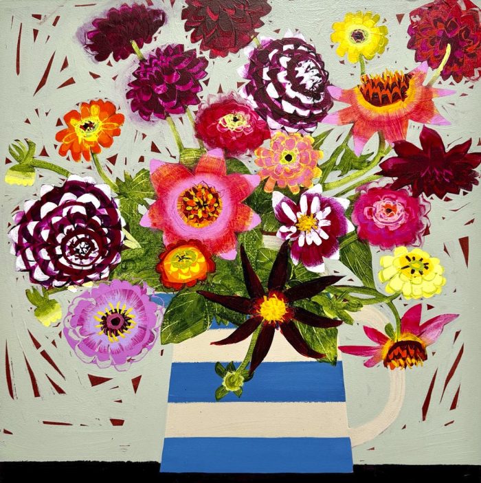 Homegrown Dahlias in the Cornish Jug. Still Life Floral Paintings by Emma Dunbar. Acrylic on board.