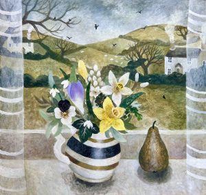 Spring Posy & Pear. Dartmoor Devon Paintings by Sarah Bowman. Oil on board.