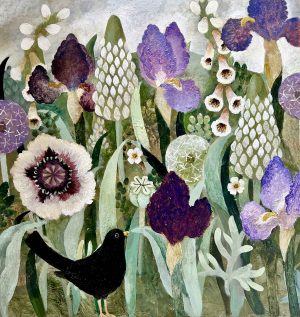 White Poppy & Blackbird. Birds & Animals Landscape Paintings by Sarah Bowman. Oil on board.