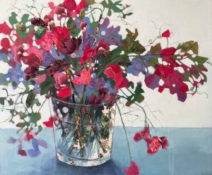 Sweet Peas. Interiors Still Life Paintings by Anna Perlin. Mixed media on canvas.