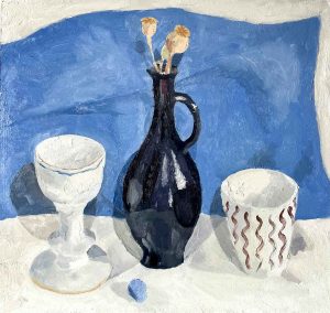 Still Life in Blue. Still Life Interiors Paintings by Gabriella Bailey. Oil on board.