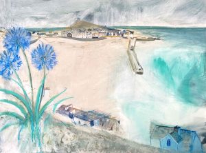 Agapanthus & Luminous Harbour, St Ives. Landscape Seascape Paintings by Jane Askey. Mixed media on paper.