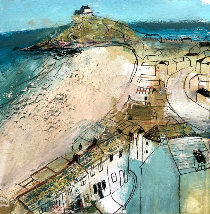Porthmeor & Island Chapel, St Ives. Cornwall Landscape Paintings by Jane Askey. Mixed media on paper.
